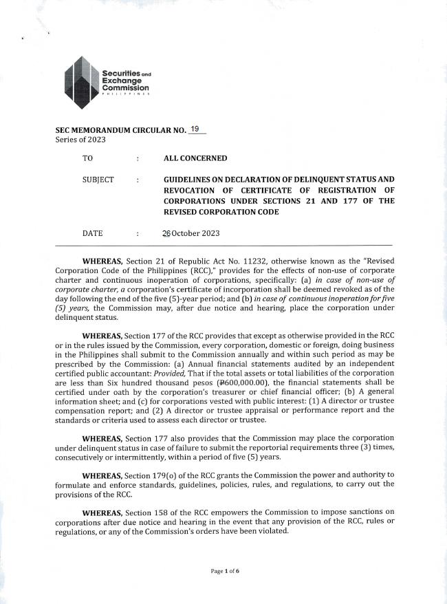 SEC MC No. 19-2023: Guidelines on Declaration of Delinquent Status and ...