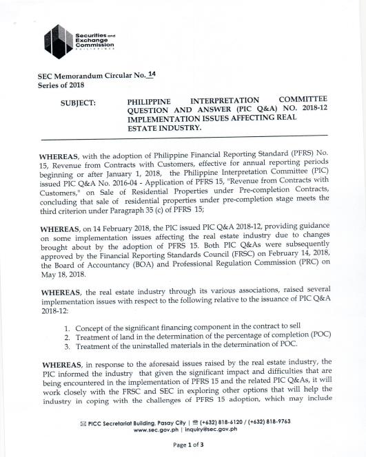 SEC Memorandum Circular 2018-14 – PFRS 15 Implementation Issues ...