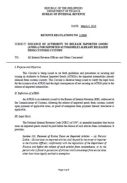 ATRIGs required before the release of imported automobiles from Customs ...