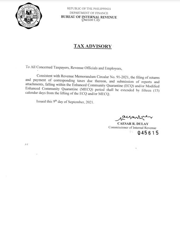 Advisories on the extension of deadline of filing and payment of tax ...